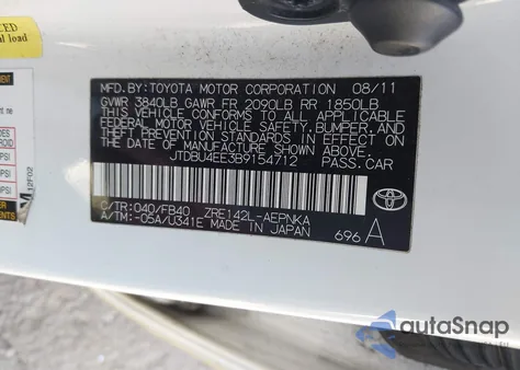 2011 Toyota Corolla Le from USA, damaged, VIN JTDBU4EE3B9154712